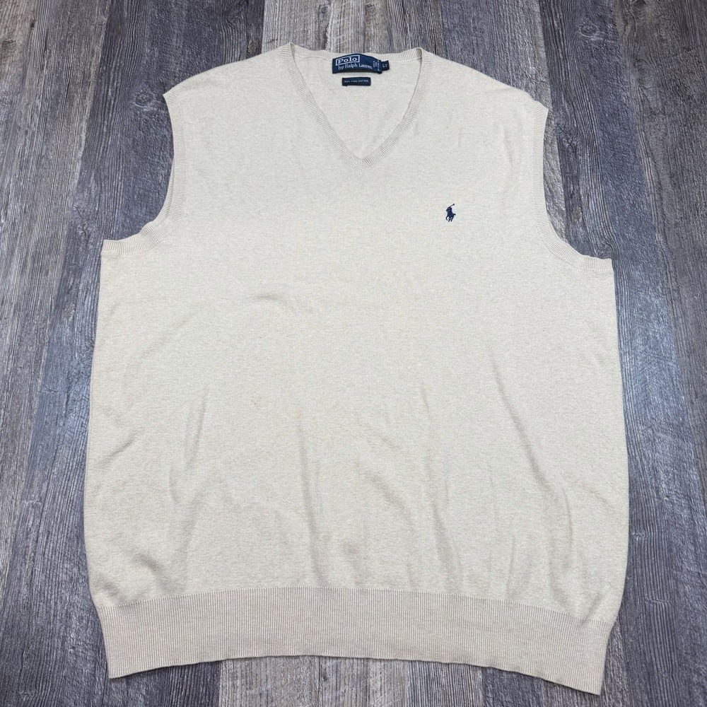 Polo Ralph Lauren Mens LT Beige V-Neck Sweater Italian Pima Cotton Knit Pullover